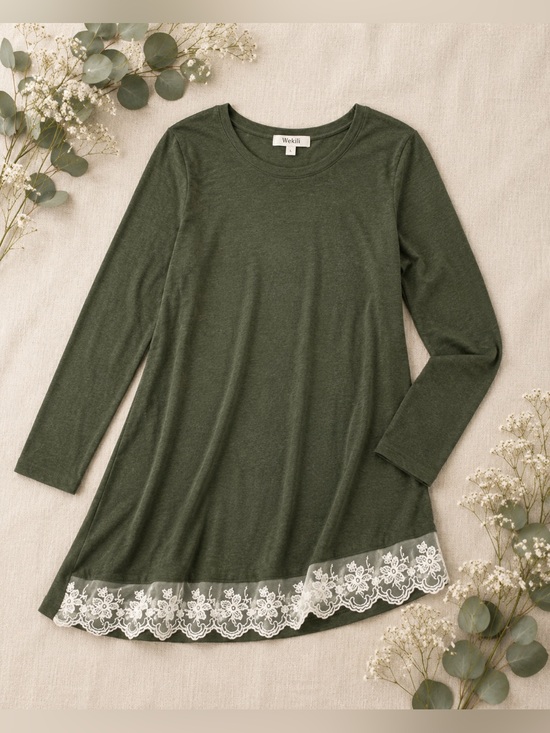 Wekili Tops - Wekili Hunter Green Lace Hem Tunic | Soft Stretch Feminine Lace Detail